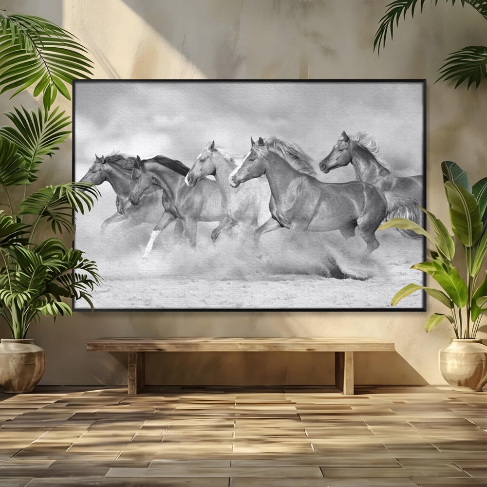 Tablou canvas cu tablou canvas cu cai in galop, in rama de aluminiu negru